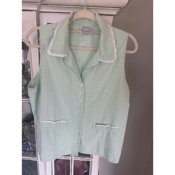 Lanz of Salzburg Green Blue Gingham Seersucker Cotton Pajamas  L Vintage cottage - Picture 1 of 10